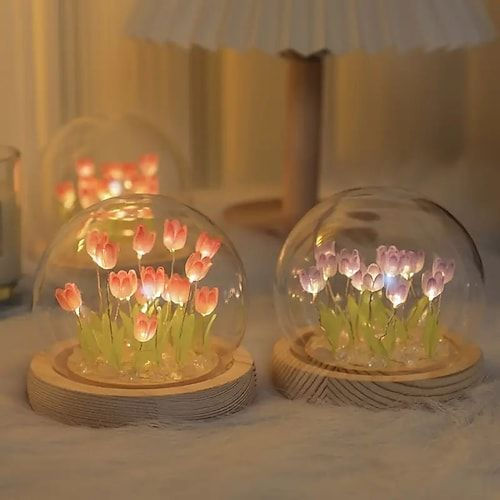 DIY Romantic Tulip Night Light – Elegant LED Ball Lamp with Wooden Base, USB Powered for Home Decor, Soft Pink Glow, Ideal Gift for Loved Ones, 9 DIY Tulip Flowers
