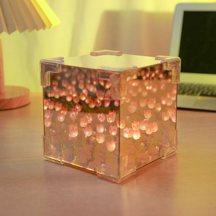 DIY - Do It Yourself - Tulip Cube Mirror Lamp,Flowers LED Decorative Lamp, 2 in 1 Mirror & Table Ornaments for Bedroom Livingroom Desktop Decor Birthday Gift