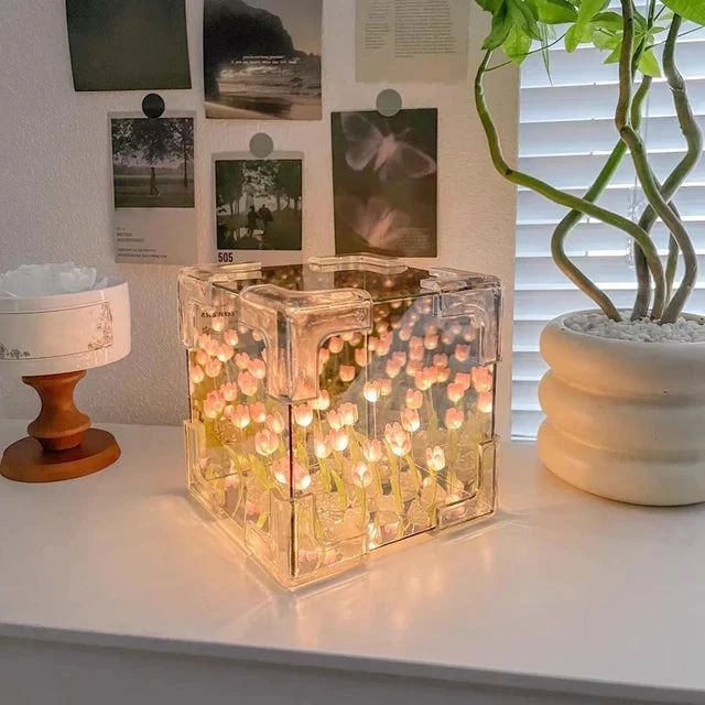 DIY - Do It Yourself - Tulip Cube Mirror Lamp,Flowers LED Decorative Lamp, 2 in 1 Mirror & Table Ornaments for Bedroom Livingroom Desktop Decor Birthday Gift