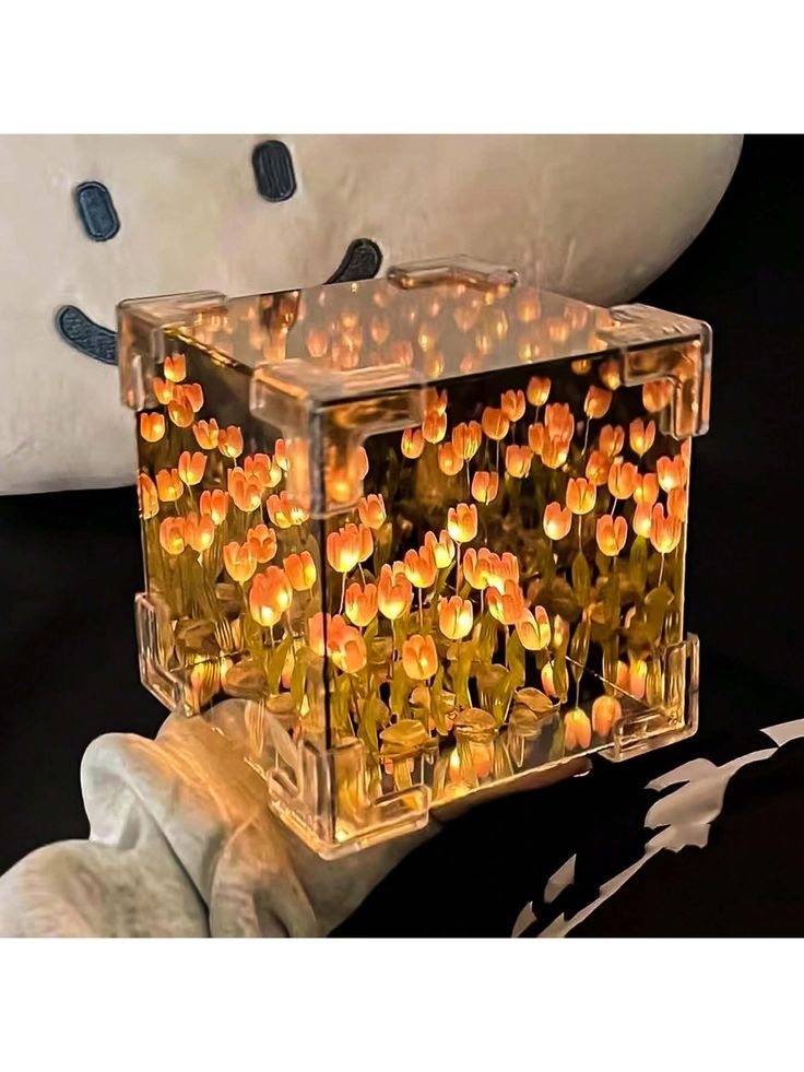 DIY - Do It Yourself - Tulip Cube Mirror Lamp,Flowers LED Decorative Lamp, 2 in 1 Mirror & Table Ornaments for Bedroom Livingroom Desktop Decor Birthday Gift