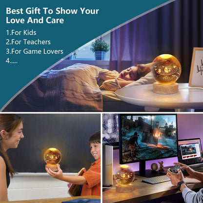 Luffis Crystal Universe Ball Lamp for Home Decoration 3D Solar System Crystal Ball Night Light with 3.15 inches USB Powered Wooden Base Galaxy Glass Ball with LED Base
