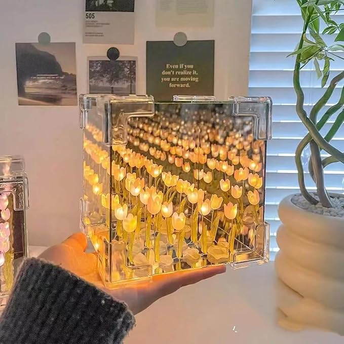 Tulip lamp Cube Mirror Lamp, 10 Flowers LED Decorative Lamp, 2 in 1 Mirror & Table Ornaments for Bedroom Livingroom Desktop Decor Birthday Gift