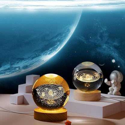 Luffis Crystal Universe Ball Lamp for Home Decoration 3D Solar System Crystal Ball Night Light with 3.15 inches USB Powered Wooden Base Galaxy Glass Ball with LED Base