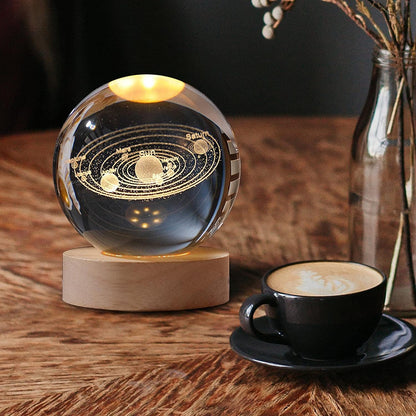 Luffis Crystal Universe Ball Lamp for Home Decoration 3D Solar System Crystal Ball Night Light with 3.15 inches USB Powered Wooden Base Galaxy Glass Ball with LED Base