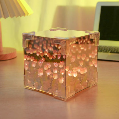 DIY - Do It Yourself - Tulip Cube Mirror Lamp,Flowers LED Decorative Lamp, 2 in 1 Mirror & Table Ornaments for Bedroom Livingroom Desktop Decor Birthday Gift