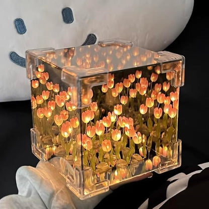 Tulip lamp Cube Mirror Lamp, 10 Flowers LED Decorative Lamp, 2 in 1 Mirror & Table Ornaments for Bedroom Livingroom Desktop Decor Birthday Gift