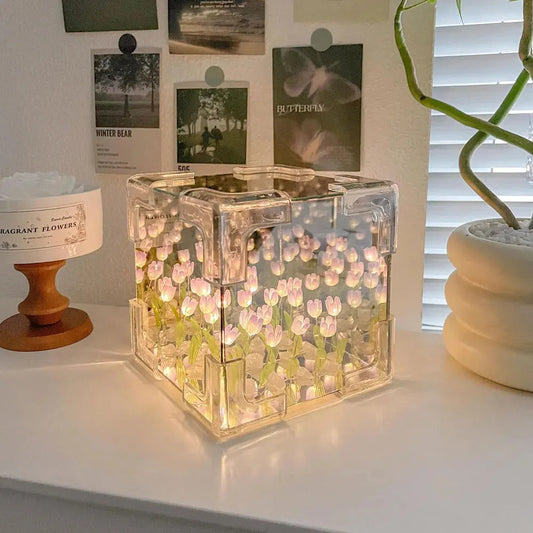 Tulip lamp Cube Mirror Lamp, 10 Flowers LED Decorative Lamp, 2 in 1 Mirror & Table Ornaments for Bedroom Livingroom Desktop Decor Birthday Gift