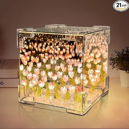 Tulip lamp Cube Mirror Lamp, 10 Flowers LED Decorative Lamp, 2 in 1 Mirror & Table Ornaments for Bedroom Livingroom Desktop Decor Birthday Gift