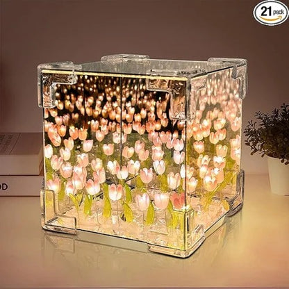 Tulip lamp Cube Mirror Lamp, 10 Flowers LED Decorative Lamp, 2 in 1 Mirror & Table Ornaments for Bedroom Livingroom Desktop Decor Birthday Gift