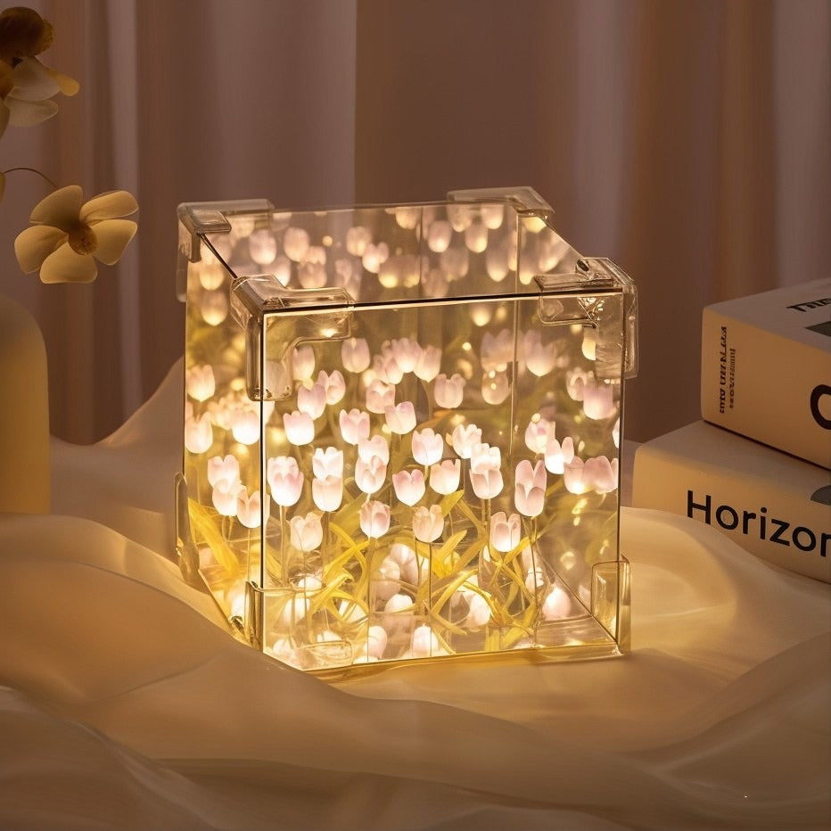 Tulip lamp Cube Mirror Lamp, 10 Flowers LED Decorative Lamp, 2 in 1 Mirror & Table Ornaments for Bedroom Livingroom Desktop Decor Birthday Gift